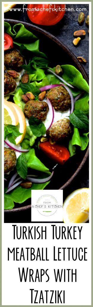 Pinterest graphic for Turkish Turkey Meatball Lettuce Wraps showing them in a brown ceramic dish.