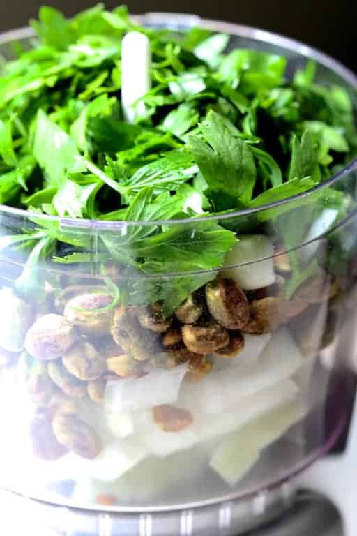 Photo of ingredients for meatballs in mini food processor before blending.
