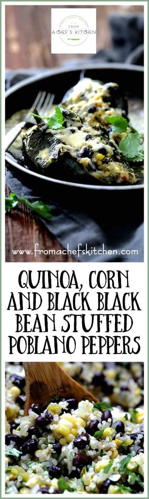 Pinterest graphic for Quinoa, Corn and Black Bean Stuffed Poblano Peppers showing it in a brown ceramic dish and a second with corn, black beans and quinoa being stirred with wooden spoon.