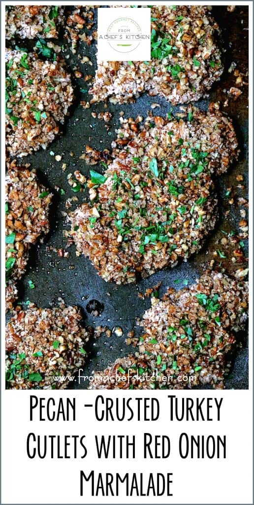 Pinterest graphic for Pecan-Crusted Turkey Cutlets showing them on a baking sheet.