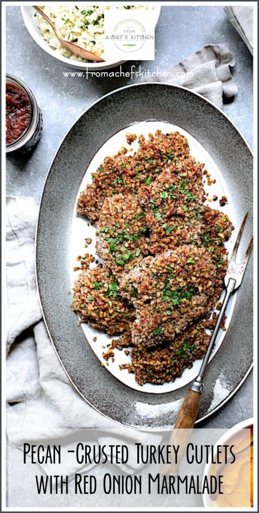 Pinterest graphic for Pecan-Crusted Turkey Cutlets showing them on a gray-rimmed platter.
