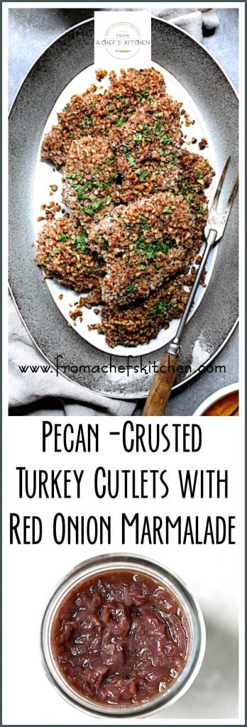 Pinterest graphic for Pecan-Crusted Turkey Cutlets showing them on a gray-rimmed platter with jar of red onion marmalade.