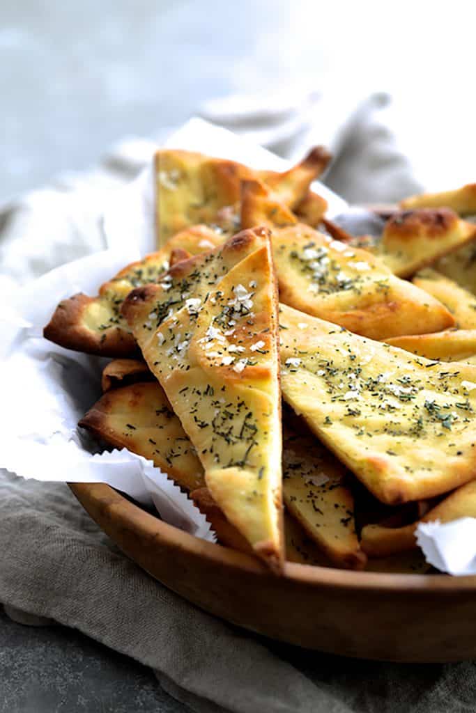 Photo of Rosemary Sea Salt Flatbread Chips in basket.
