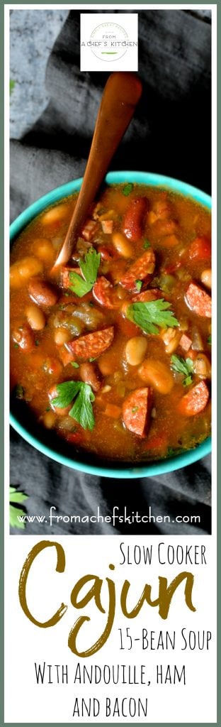 Pinterest graphic for Slow Cooker Cajun 15 Bean Soup with Andouille Ham and Bacon showing it in bright blue bowl with copper soup spoon.