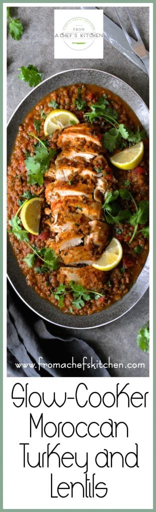 Pinterest graphic for Slow Cooker Moroccan Turkey and Lentils showing it on an oval gray-rimmed platter.