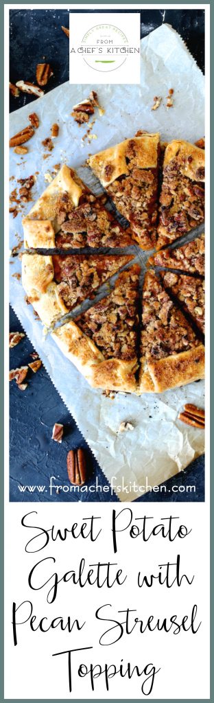 Pinterest graphic for Sweet Potato Galette with Pecan Streusel Topping showing it on white parchment paper cut into wedges.
