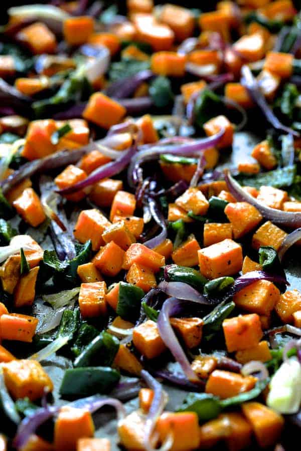 Photo of sweet potato filling on baking sheet after being roasted.
