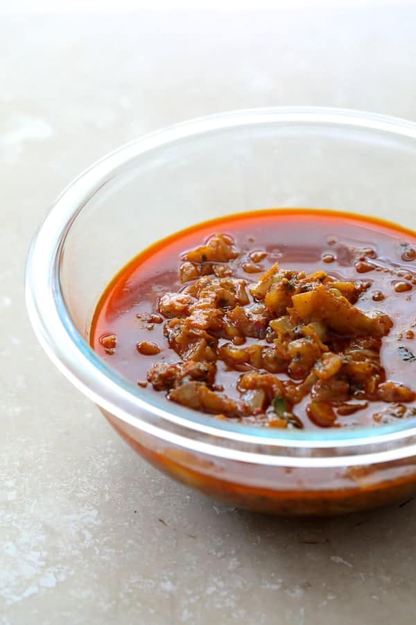 Photo of marinade for turkey in glass bowl.
