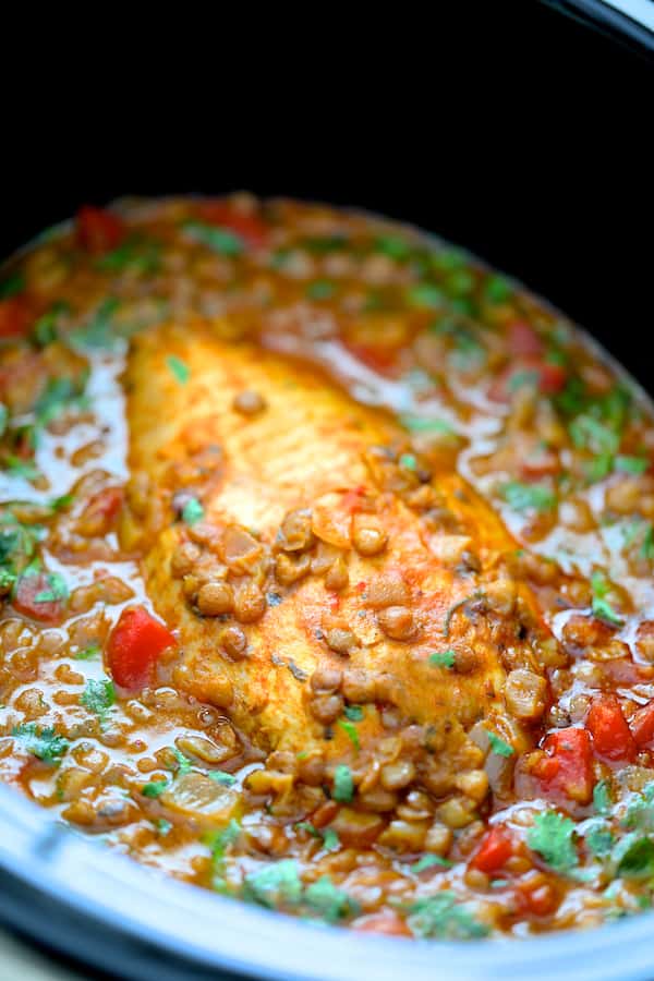 Photo of Slow Cooker Moroccan Turkey and Lentils in slow cooker after being cooked.