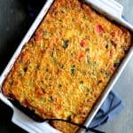 Spaghetti Squash, Poblano and Chorizo Breakfast Casserole in rectangular white baking dish after being baked and before being cut.