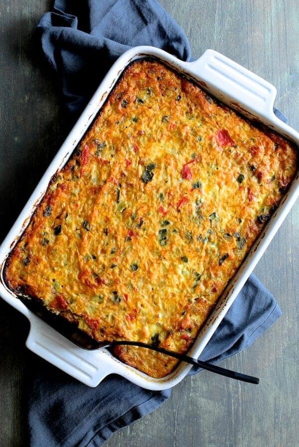 Spaghetti Squash, Poblano and Chorizo Breakfast Casserole in rectangular white baking dish after being baked and before being cut.