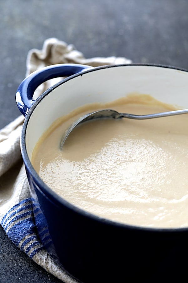 Photo of Creamy White Bean Rutabaga and Roasted Garlic Soup in Dutch oven.