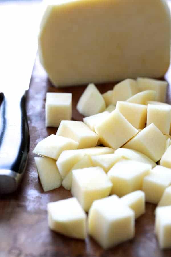 Photo of peeled and cubed rutabaga.