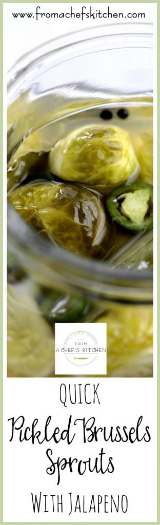 Pinterest graphic for Quick Pickled Brussels Sprouts showing it in glass jar.