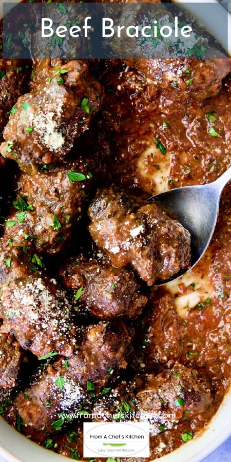 Pinterest graphic for Beef Braciole showing it in a white oval dish with silver serving spoon.