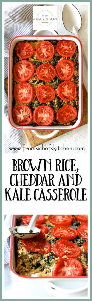 Pinterest graphic for Brown Rice Cheddar Kale Casserole with two photos showing it in a white rectangular baking dish.