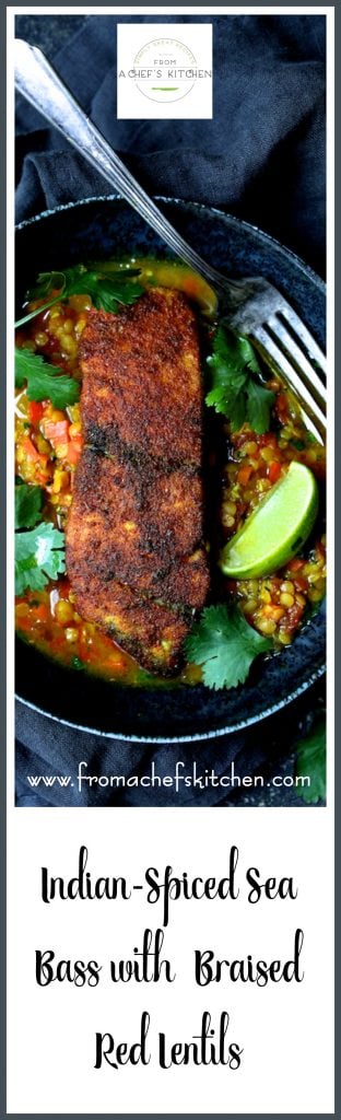 Pinterest graphic for Indian Spiced Sea Bass with Braised Red Lentils showing it in a black bowl with cilantro and lime wedges.