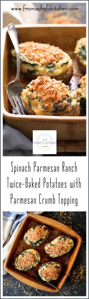 Pinterest graphic for Spinach Parmesan Ranch Potatoes showing four potatoes in square earthenware baking dish.