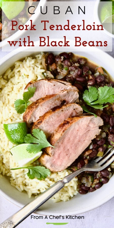 Pinterest graphic for Cuban Pork Tenderloin with Black Beans showing one serving with rice in a white bowl.