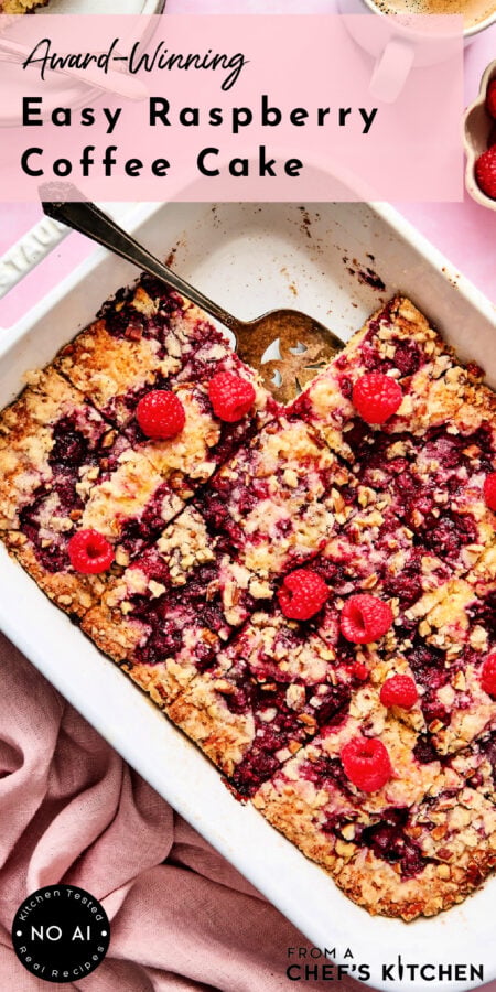 Pinterest graphic for Easy Raspberry Coffee Cake showing it in a white rectangular baking dish with a piece removed.