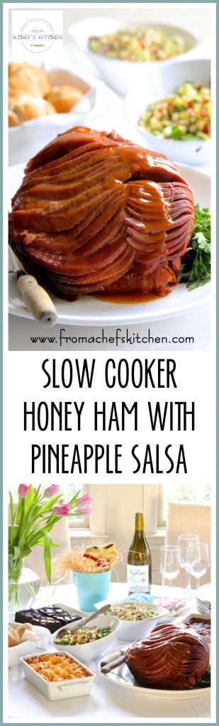 Pinterest graphic for Slow Cooker Honey Ham with Pineapple Salsa showing the ham on a white platter and a second photo of a full Easter meal.
