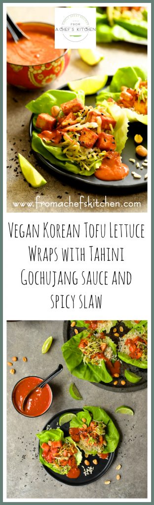 Pinterest graphic for Vegan Korean Tofu Lettuce Wraps with Tahini Gochujang Sauce and Spicy Slaw showing one on a black plate and another with a platter of the dish.