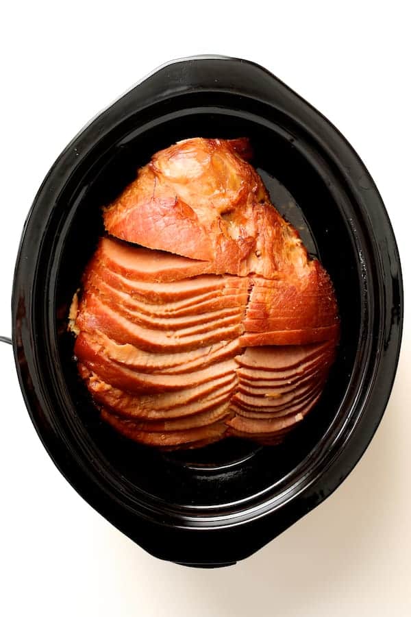Photo of spiral sliced ham in slow cooker.