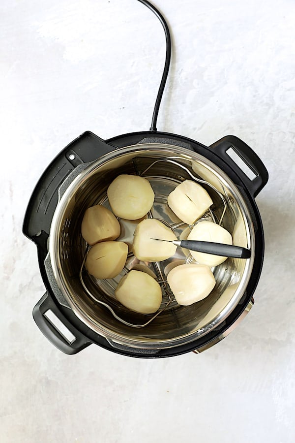 Overhead shot of whole cooked turnips in Instant Pot