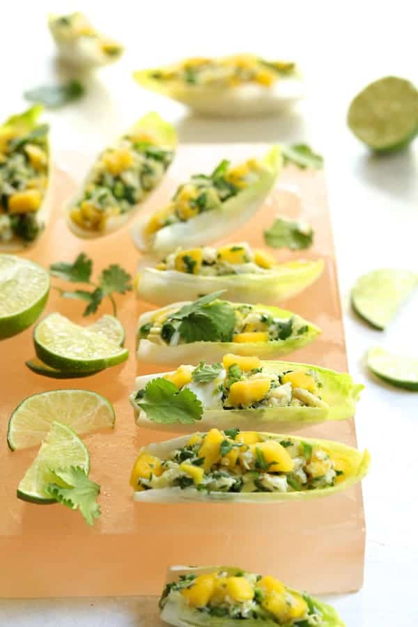 Photo of Crab Mango and Avocado Salad with Chile Lime Dressing in Endive on salt block.