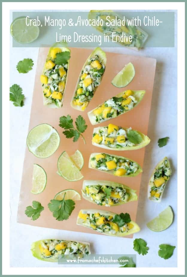 Crab Mango and Avocado Salad with Chile Lime Dressing in Endive is a flavor explosion! It's the perfect appetizer to make all spring and summer long! #crab #avocado #mango #lime #appetizer #progressiveeats