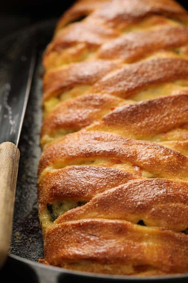 Close-up photo of Savory Breakfast Strudel with Eggs Sausage and Swiss Chard after baking.