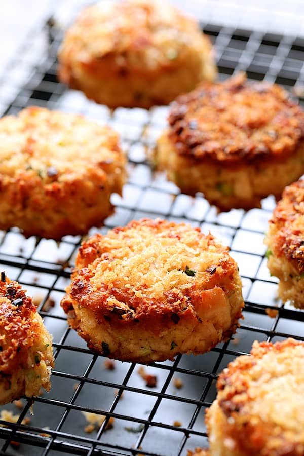 Photo of fried Tuna Kimchi Cakes on cooling rack after being fried.