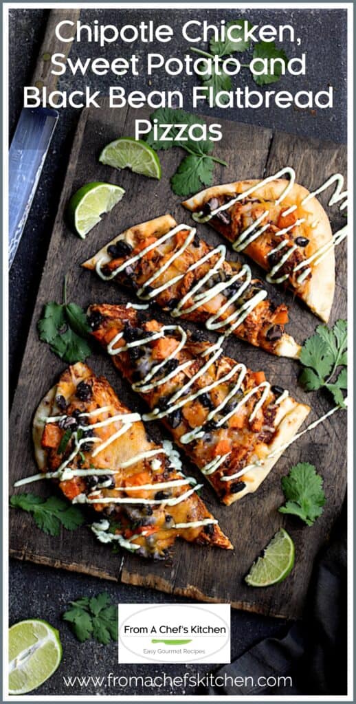Chipotle Chicken Flatbread Pizza on wood cutting board cut into four pieces.