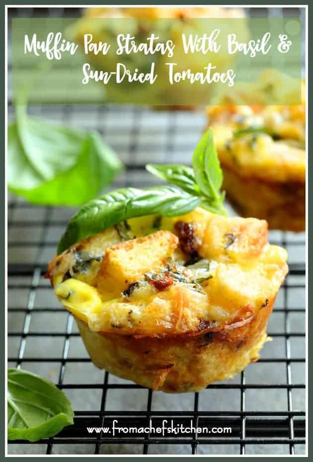 Pinterest graphic for Muffin Pan Stratas with Basil and Sun-Dried Tomatoes showing close-up of one on a cooling rack.