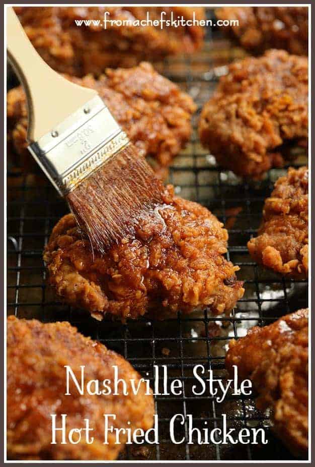 Pinterest graphic for Nashville Style Hot Fried Chicken showing them being brushed with hot sauce.
