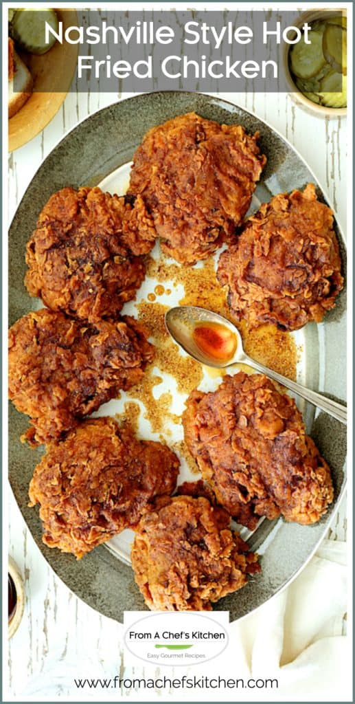 Pinterest graphic for Nashville Style Hot Fried Chicken showing seven pieces on a gray-rimmed platter.