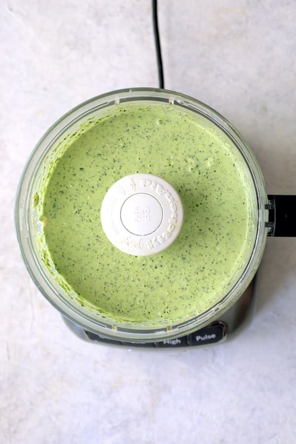 Photo of Spicy Pesto Aioli in food processor.