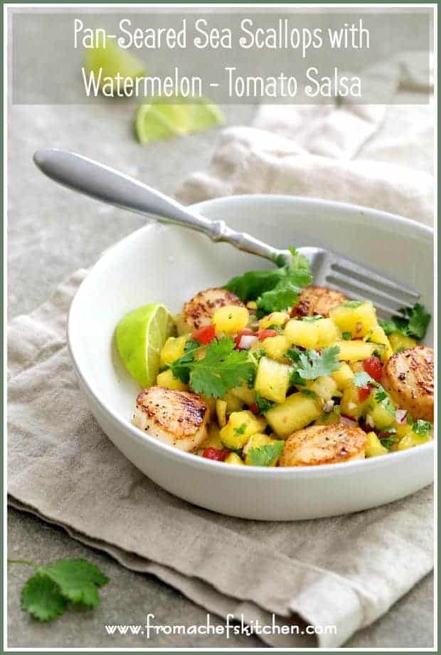 Pinterest graphic for Pan-Seared Sea Scallops with Watermelon-Tomato Salsa showing it in a white bowl on beige napkin with fork.