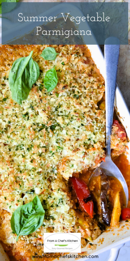 Pinterest graphic for Summer Vegetable Parmigiana showing it in a white rectangular baking dish with serving spoon scooping some up.