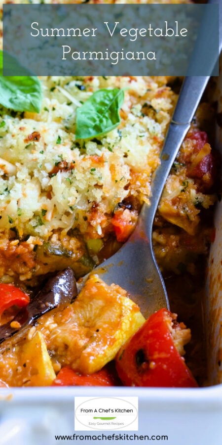 Pinterest graphic for Summer Vegetable Parmigiana showing it in a white rectangular baking dish with serving spoon scooping some up.