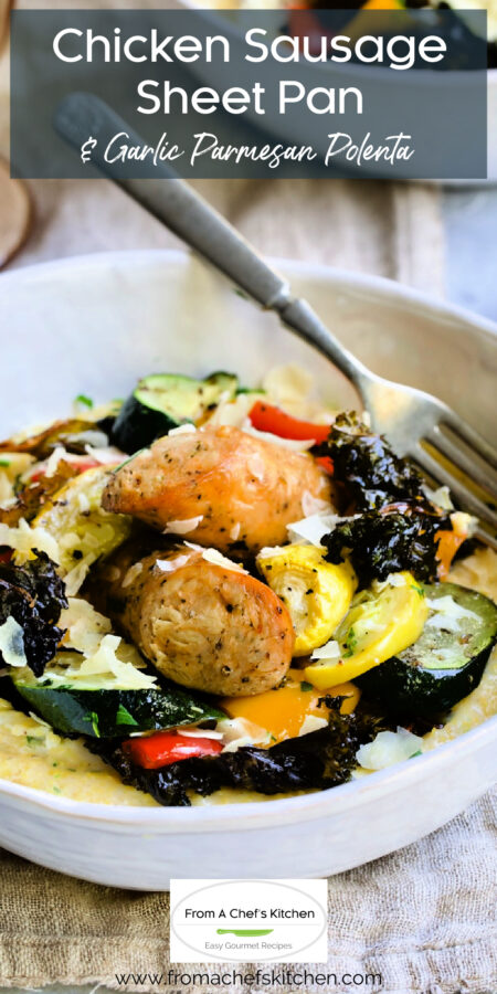 Pinterest graphic for Chicken Sausage Sheet Pan Dinner and Garlic Parmesan Polenta showing one serving in a white serving bowl with fork.