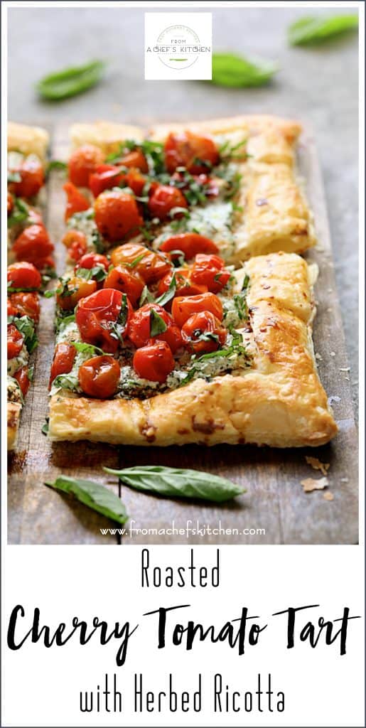 Pinterest image for Roasted Cherry Tomato Tart with Herbed Ricotta showing two pieces.