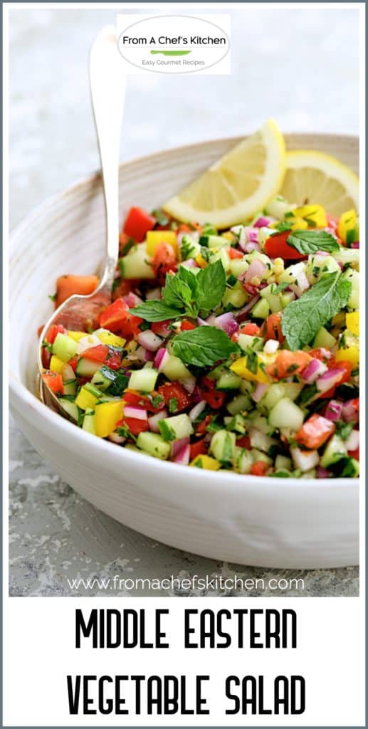 Pinterest graphic for Middle Eastern Vegetable Salad showing it in a white bowl with serving spoon.