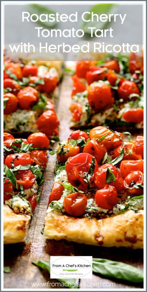 Pinterest graphic for Roasted Cherry Tomato Tart with Herbed Ricotta showing it cut into four pieces on wood surface.