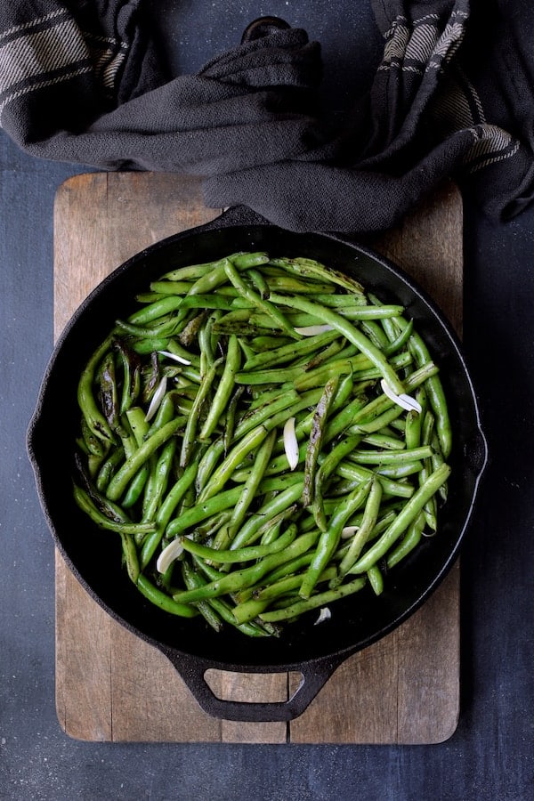 Photo of Skillet Charred Green Beans in cast iron skillet after charring.