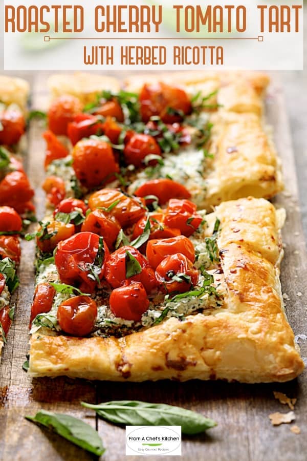 Pinterest graphic for Roasted Cherry Tomato Tart showing two pieces on wood surface.