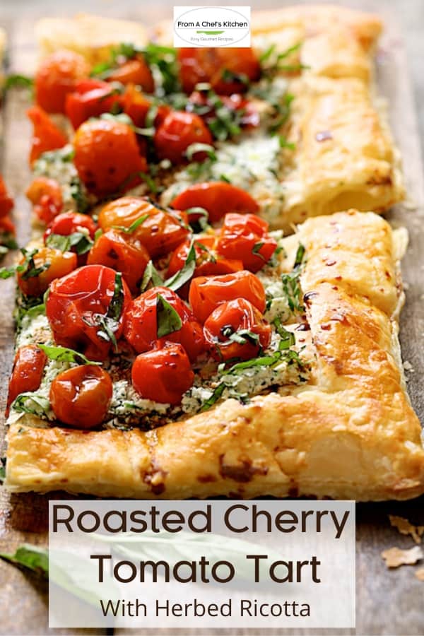 Pinterest graphic for Roasted Cherry Tomato Tart showing two pieces on wood surface.