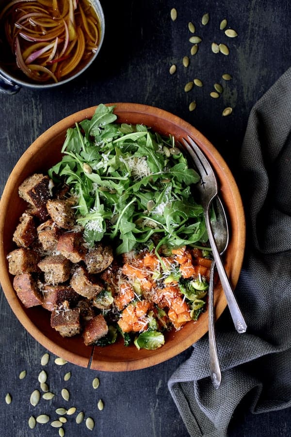 Photo of Autumn Panzanella before being mixed together.