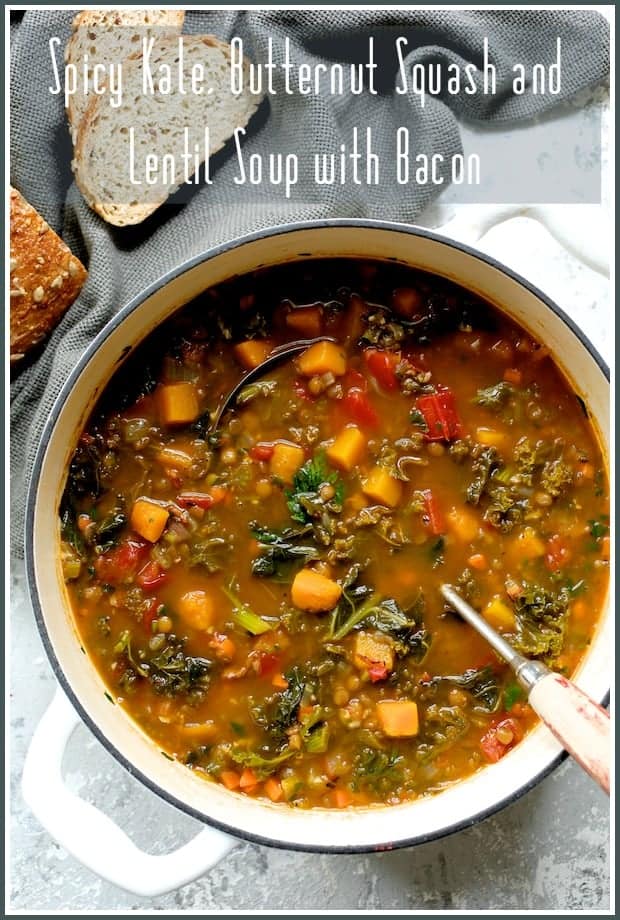 Pinterest graphic for Spicy Kale, Butternut Squash and Lentil Soup with Bacon showing it in a white enamel cast iron Dutch oven with soup ladle.
