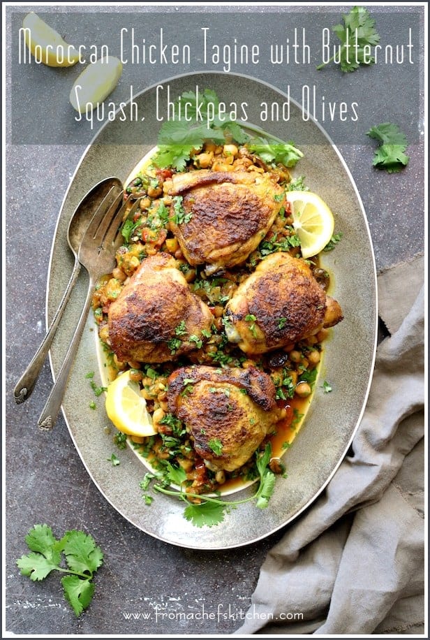 Pinterest graphic for Moroccan Chicken Tagine with Butternut Squash, Chickpeas and Olives showing it on a gray-rimmed platter.